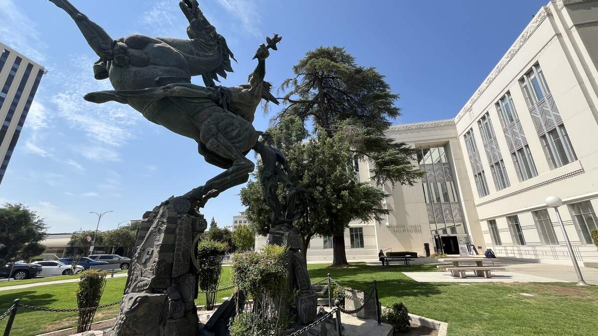 The David of Sassoon statue outside the Fresno County Hall of Records, seen Aug. 11, 2026.